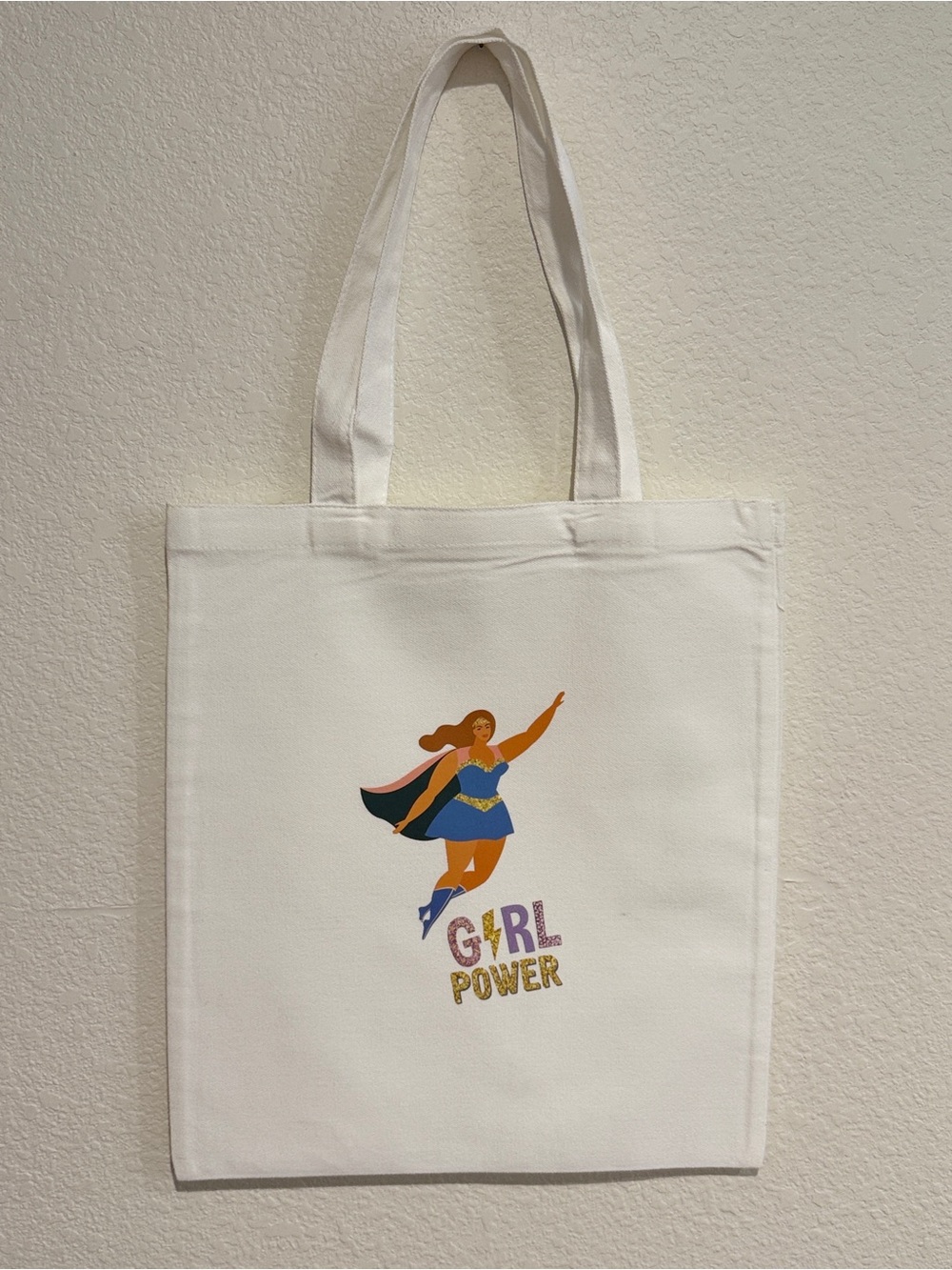Handmade Canvas Tote Bag with Girl Power Graphic - White